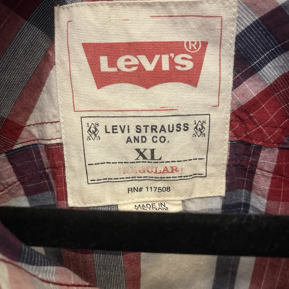 Levis Shirt Red Blue Plaid Long Sleeve Mens XL Western Pearl‎ Snap Cowboy USA - Picture 3 of 8